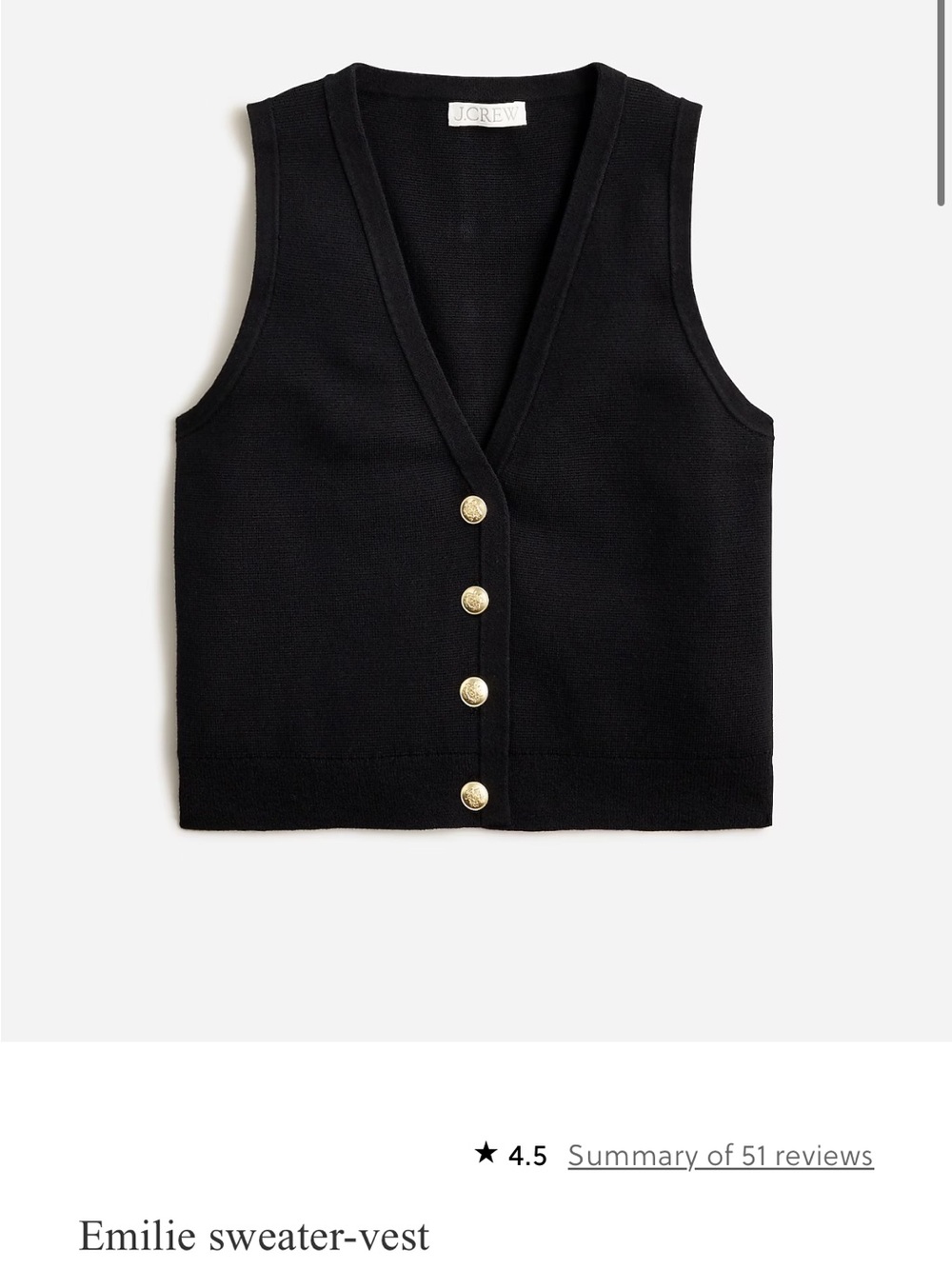 J. Crew Emilie Black Sleeveless V-Neck Sweater Vest with Gold Buttons